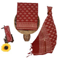 Women's Chanderi Silk Blend Unstitched Salwar Suit Material | Traditional Block Print Kurta Set with Zari Border Dupatta (Maroon)