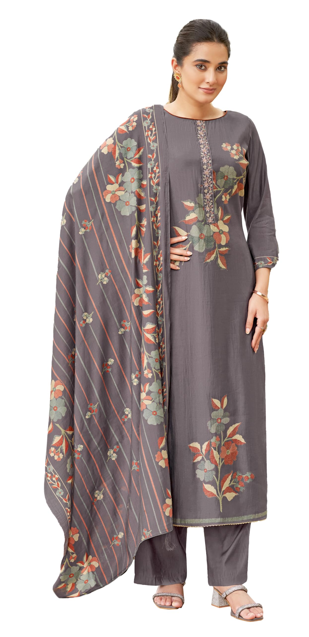 DRAVINAM Trends Women's Unstitched Salwar Suit Dress Material Modal Silk Discharge Foil Print Embroidered Kameez Plain Unstitched Bottoms and Modal Silk Discharge Foil Print Dupatta