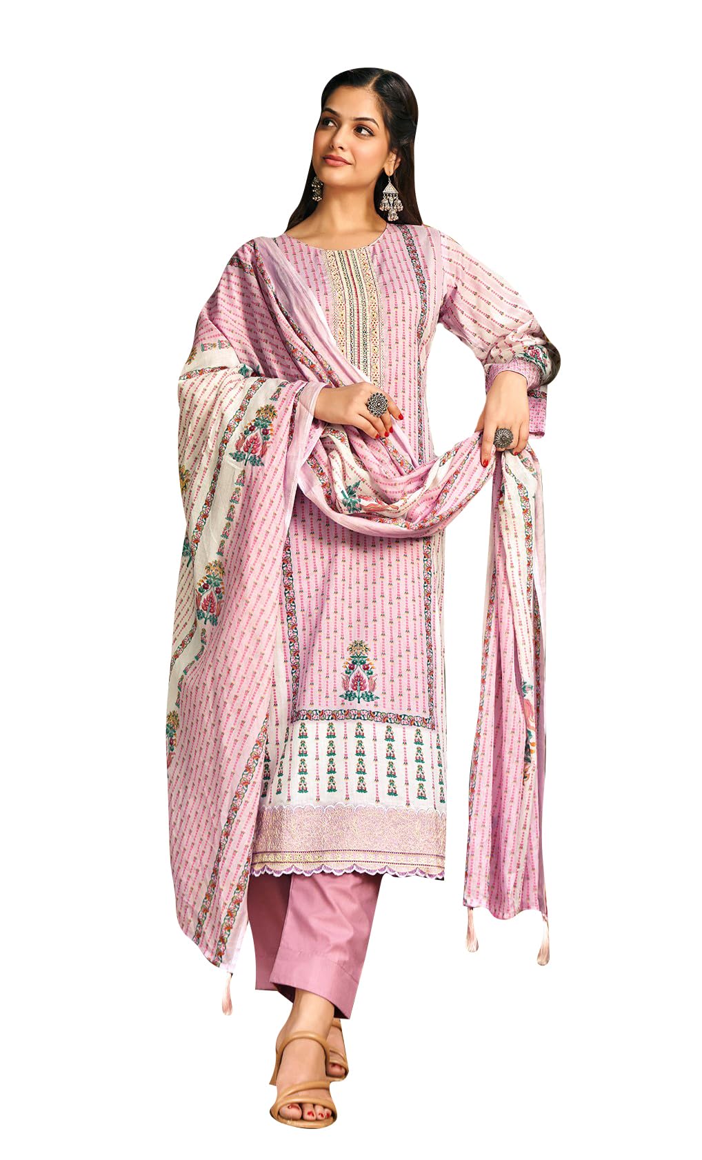 DRAVINAM Trends Unstitched Pure Lawn Camric Digital Print Neck and Daman Heavy Cutwork Embroidery Ladies Salwar suit Material with Lawn Cotton dupatta