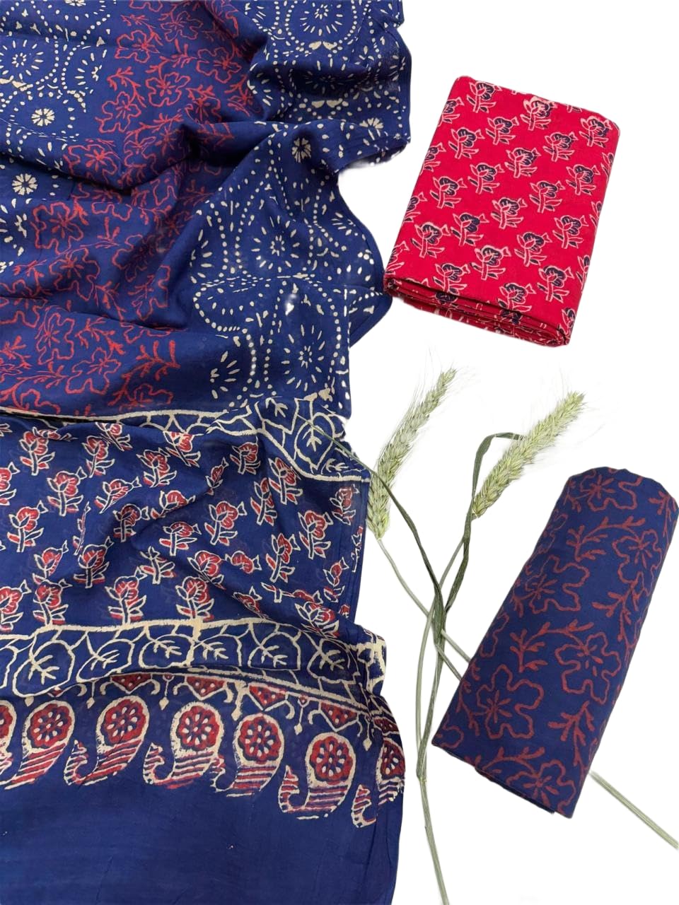 DRAVINAM Trends Premium Hand Block Floral Print Unstitched Pure Cotton Salwar Suit Set with Dupatta - Red & White