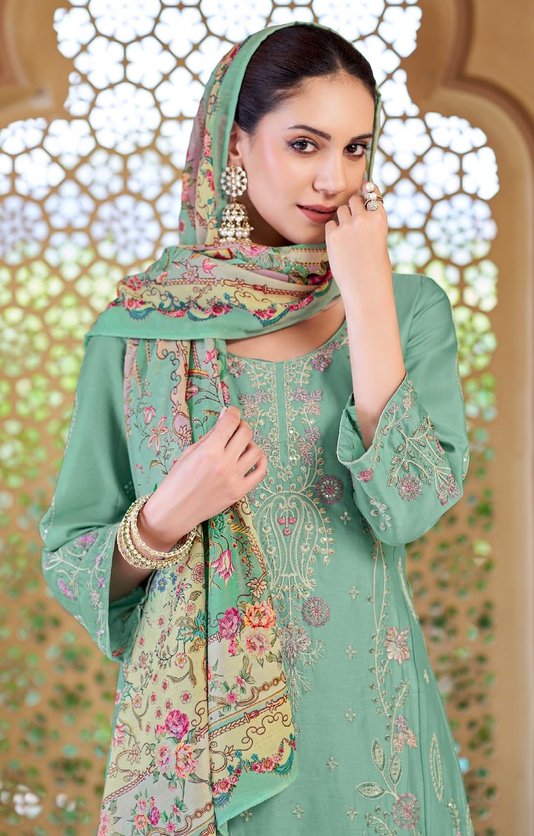 DRAVINAM Trends Kurti 2.50 mtrs,Pure Cotton Solid (2.7 m), Pure Cotton Mal Mal Print Dupatta (2.25 m)|Green