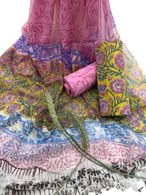 DRAVINAM Trends Hand Block Print Cambric Cotton Unstitched Salwar Suit Set for Women with Pure Chiffon Hand Printed Dupatta