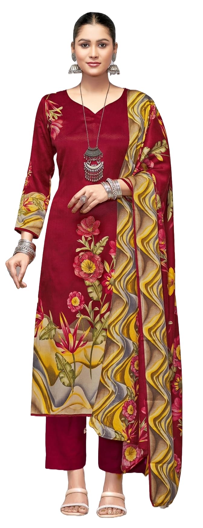 DRAVINAM Trends Women's Winter Wear Kashmiri Kani Printed Warm Salwar Kameez Dress Material with Twill Pashmina Printed Shawl Dupatta