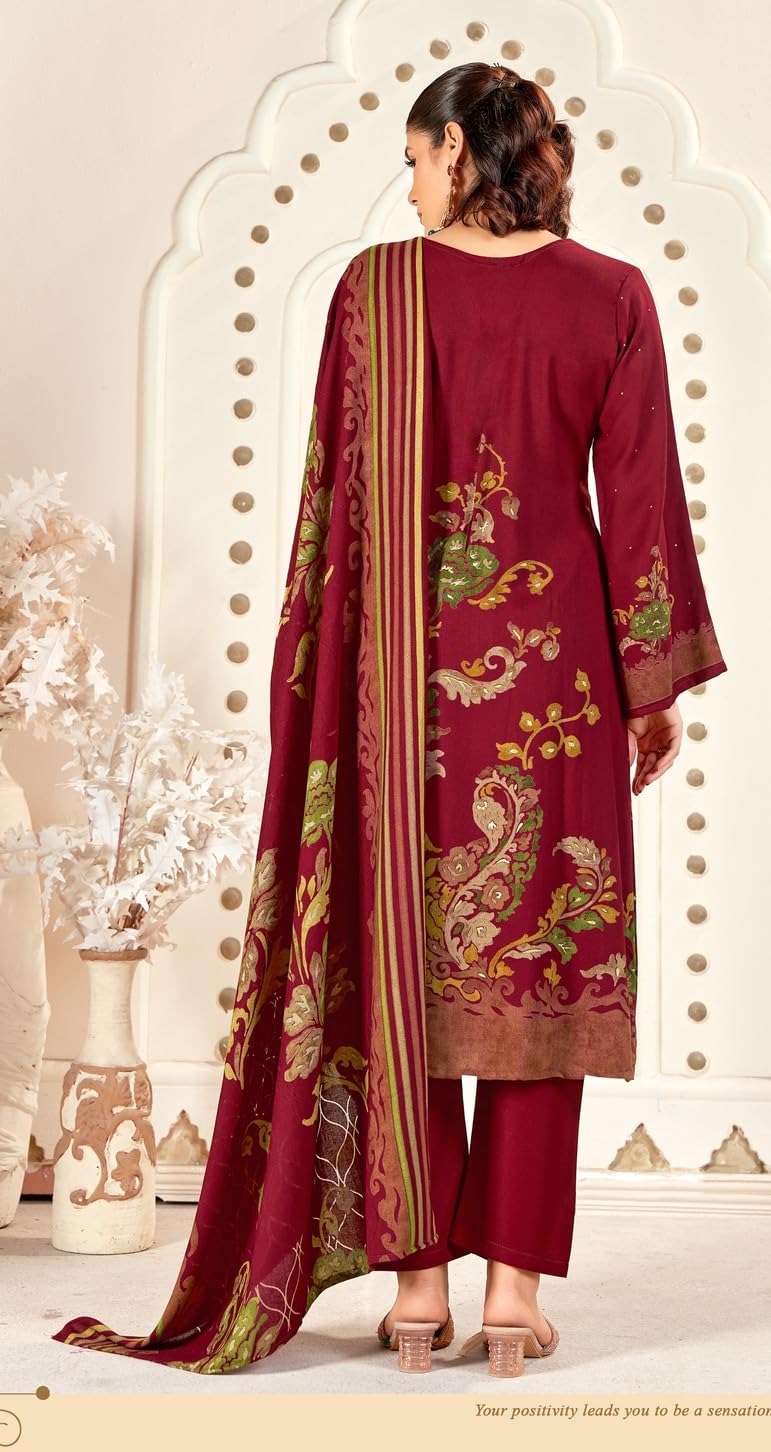 DRAVINAM Trends Women's Winter Wear Unstitched Digital Floral Printed Heavy Neck Embroidered Viscose Pashmina Woollen Salwar Suit Dress Material with Pashmina Digital Printed Brasso Shawl Dupatta