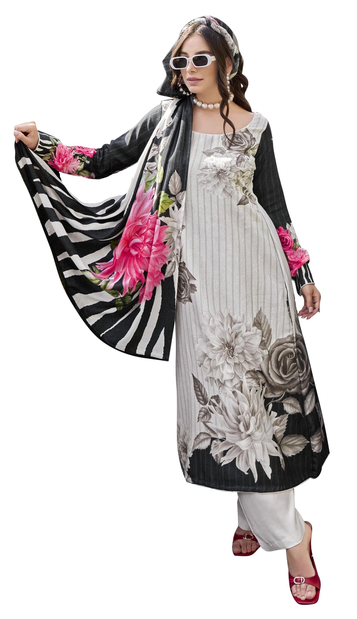 DRAVINAM Trends Women's Digital Printed Twill Wool Pashmina Unstitch Salwar Suit Dress Material with Digital Printed Woolen Warm Shawl Dupatta