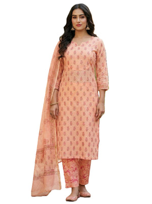 Women's Elegant Maroon Chanderi Block Printed Unstitched Salwar Suit Dress Material with Shantoon Bottom & Zari Border Dupatta
