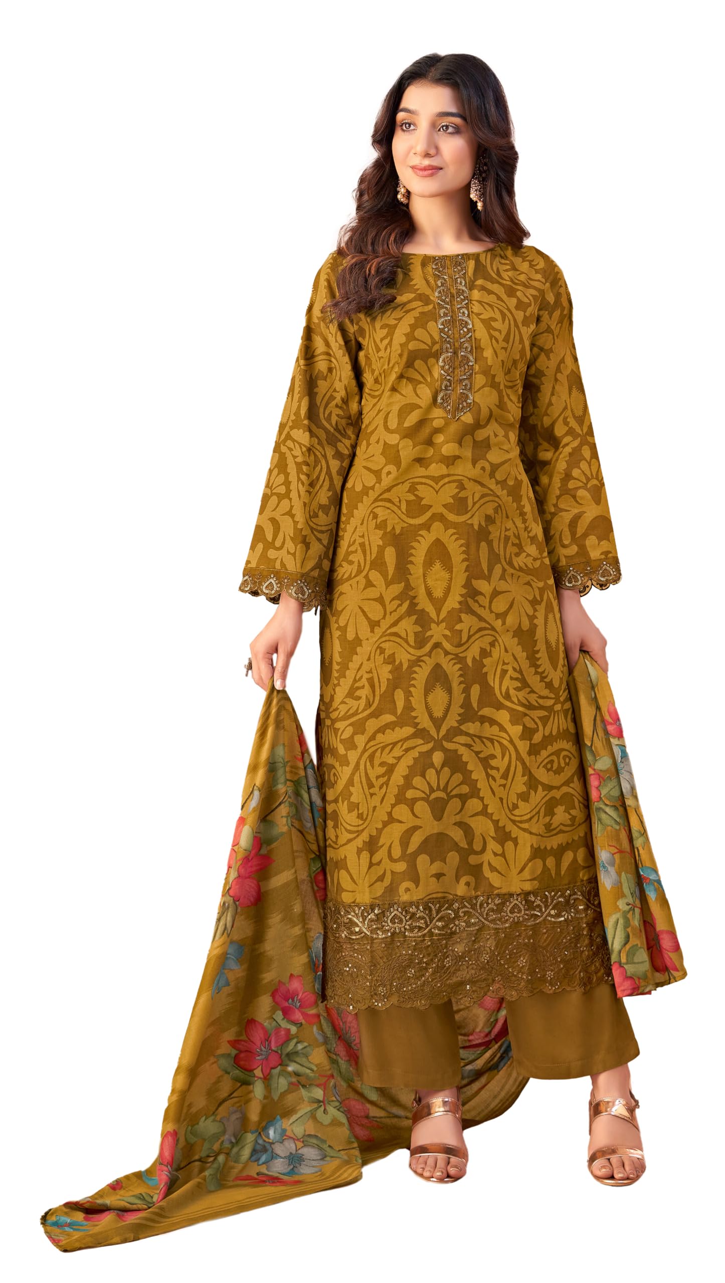 DRAVINAM Trends Unstitched Pakistani Embroidered Pure Cambric Cotton Salwar Suit Dress Materials with Mal Mal Cotton Printed Dupatta