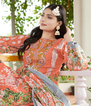 DRAVINAM Trends Unstitched Suit Material Karachi Lawn Cotton Pakistani Digital Printed Embroidered Kameez with Unstitched Bottoms and Cotton Dupatta