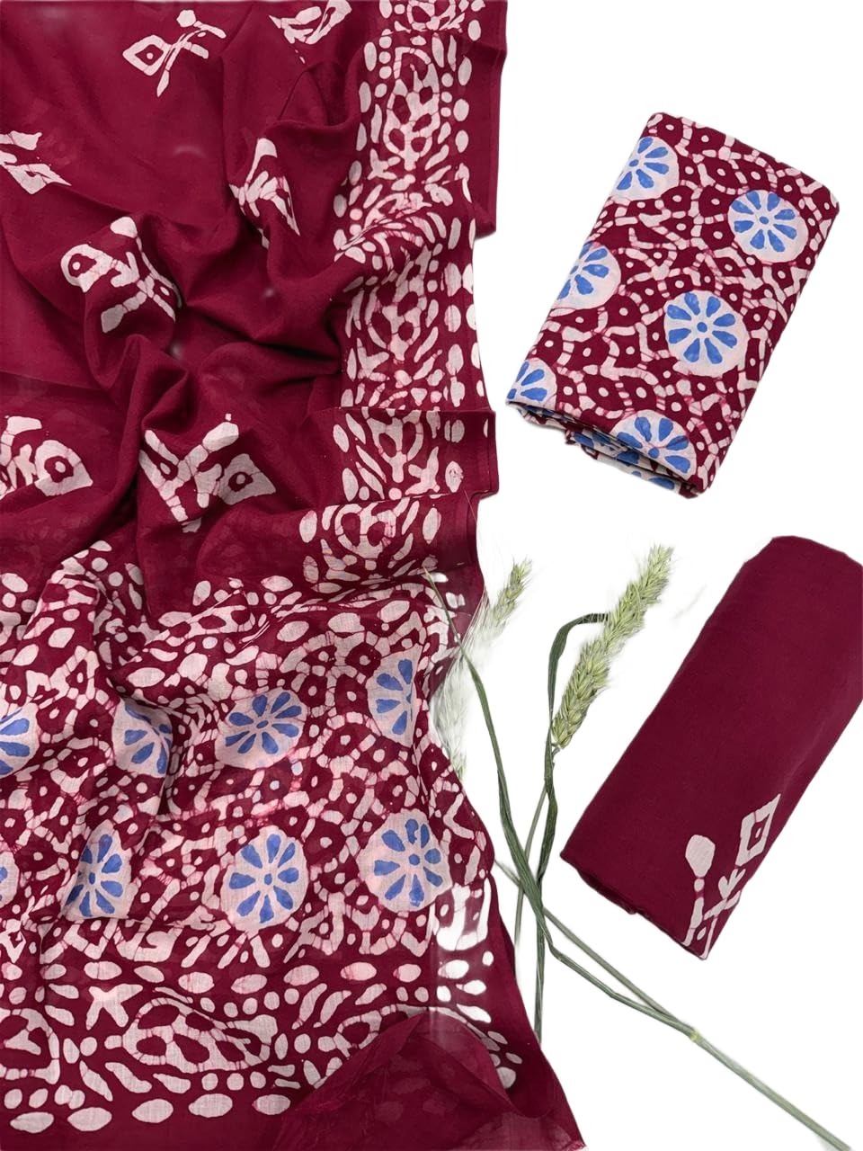 Elegant Maroon Hand Batik Print Unstitched Dress Material Set with Dupatta