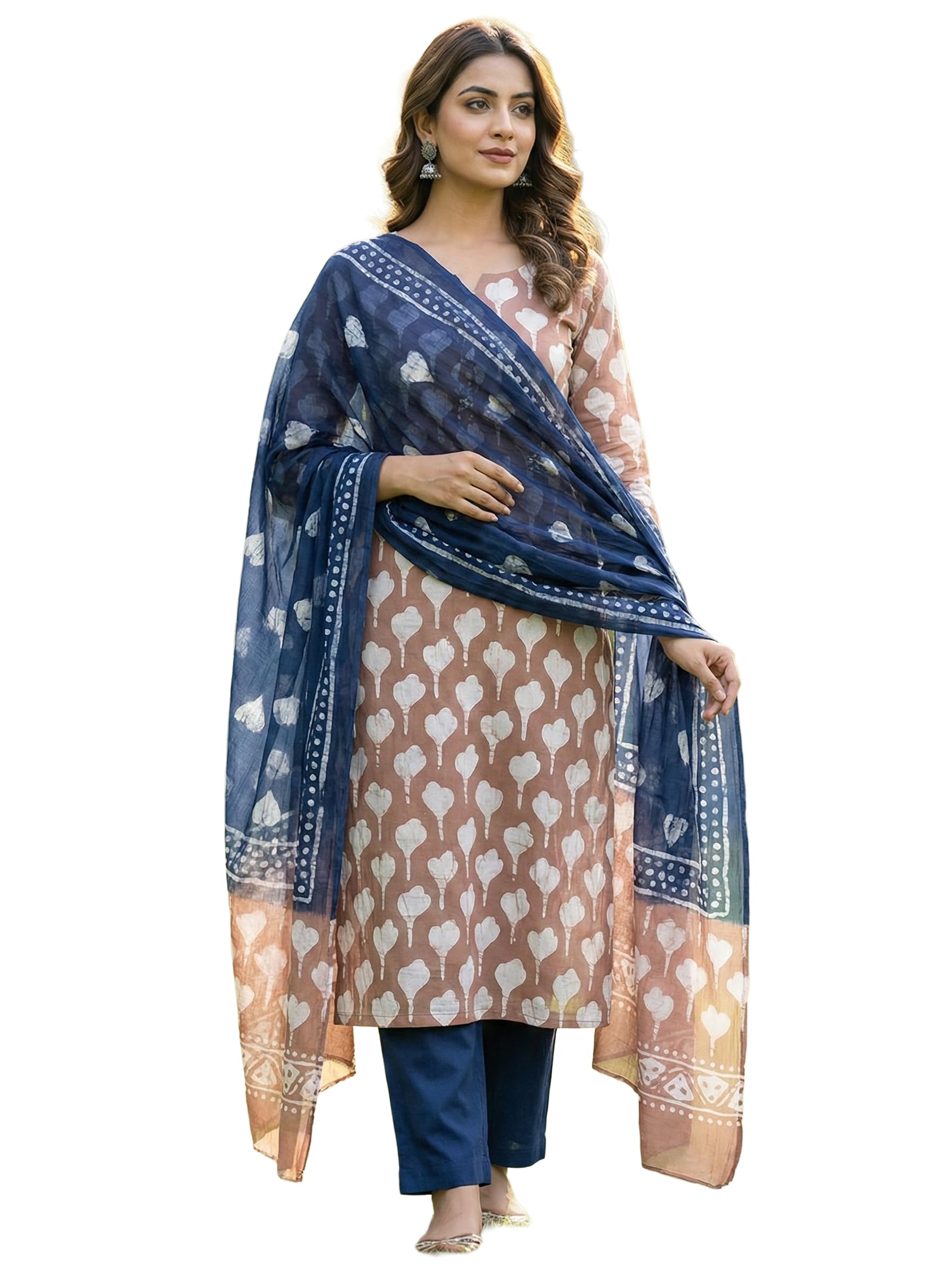 DRAVINAM Trends Hand Block Print Cambric Cotton Unstitched Salwar Suit Set for Women with Pure Chiffon Hand Printed Dupatta