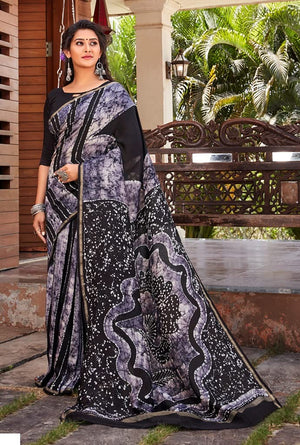 DRAVINAM Trends Women's Soft Mul Mul Cotton Jaipuri Printed Saree with Zari Border and Printed Blouse Piece (Grey)