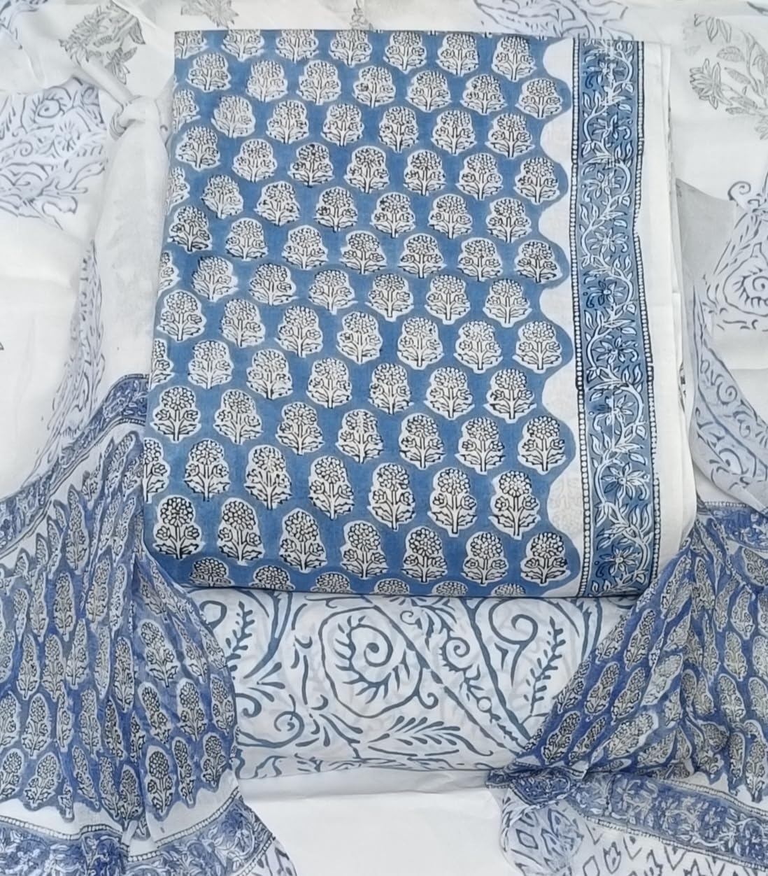 DRAVINAM Trends Hand Block Print Cambric Cotton Unstitched Salwar Suit Set for Women with Pure Chiffon Hand Printed Dupatta