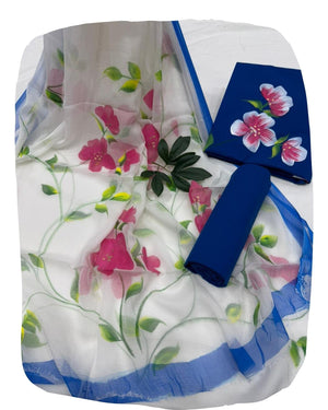DRAVINAM Trends Women's Floral Hand Painted Unstitched Salwar Suit Dress Material with Pure Chiffon Dupatta (Blue & White)