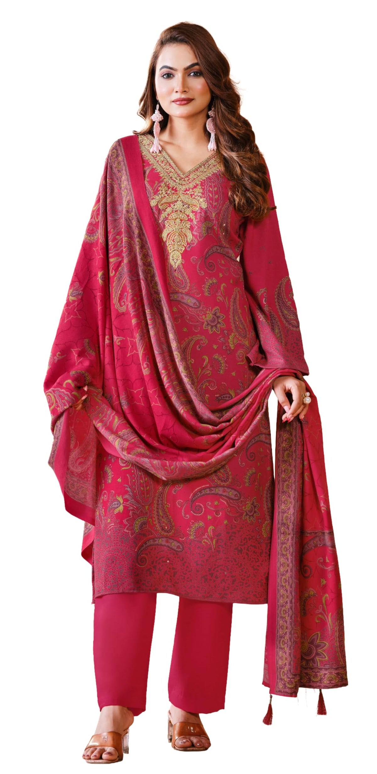 DRAVINAM Trends Women's Winter Wear Unstitched Digital Kashmiri Paisley Printed Heavy Neck Embroidered Pashmina Salwar Suit Dress Material with Khatli Work Foil touchup and Pashmina Shawl