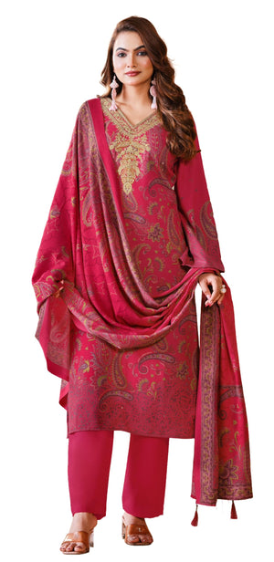 DRAVINAM Trends Women's Winter Wear Unstitched Digital Kashmiri Paisley Printed Heavy Neck Embroidered Pashmina Salwar Suit Dress Material with Khatli Work Foil touchup and Pashmina Shawl