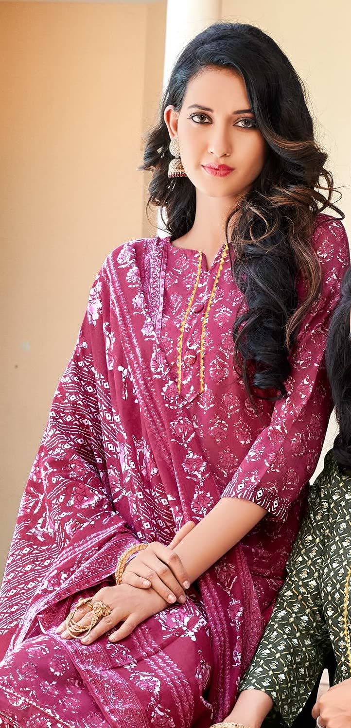 DRAVINAM Trends Women's Pure Cotton Batik Printed Unstitiched Salwar Suit Dress Material with Cotton Printed Dupatta (Pink)
