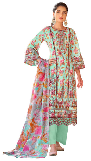 Elegant Unstitched Pure Cambric Cotton Suit Material with Neck & Daman Embroidery | Swarovski Diamond Work | Cotton Dyed Bottoms & Fancy Embroidered Mal Mal Dupatta