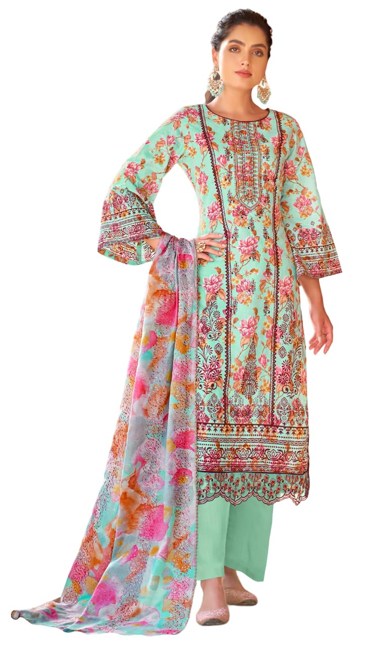 Elegant Unstitched Pure Cambric Cotton Suit Material with Neck & Daman Embroidery | Swarovski Diamond Work | Cotton Dyed Bottoms & Fancy Embroidered Mal Mal Dupatta