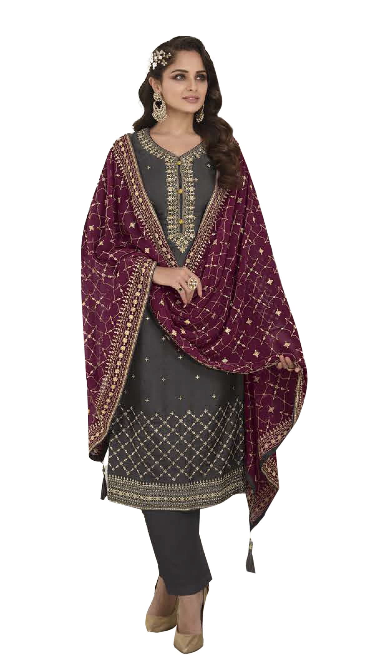 DRAVINAM Trends Women's Sequence Embroidered Silk Unstitched Salwar Suit Dress Material with Sequence Embroidered Blooming Georgette Heavy Dupatta (Dark Grey)