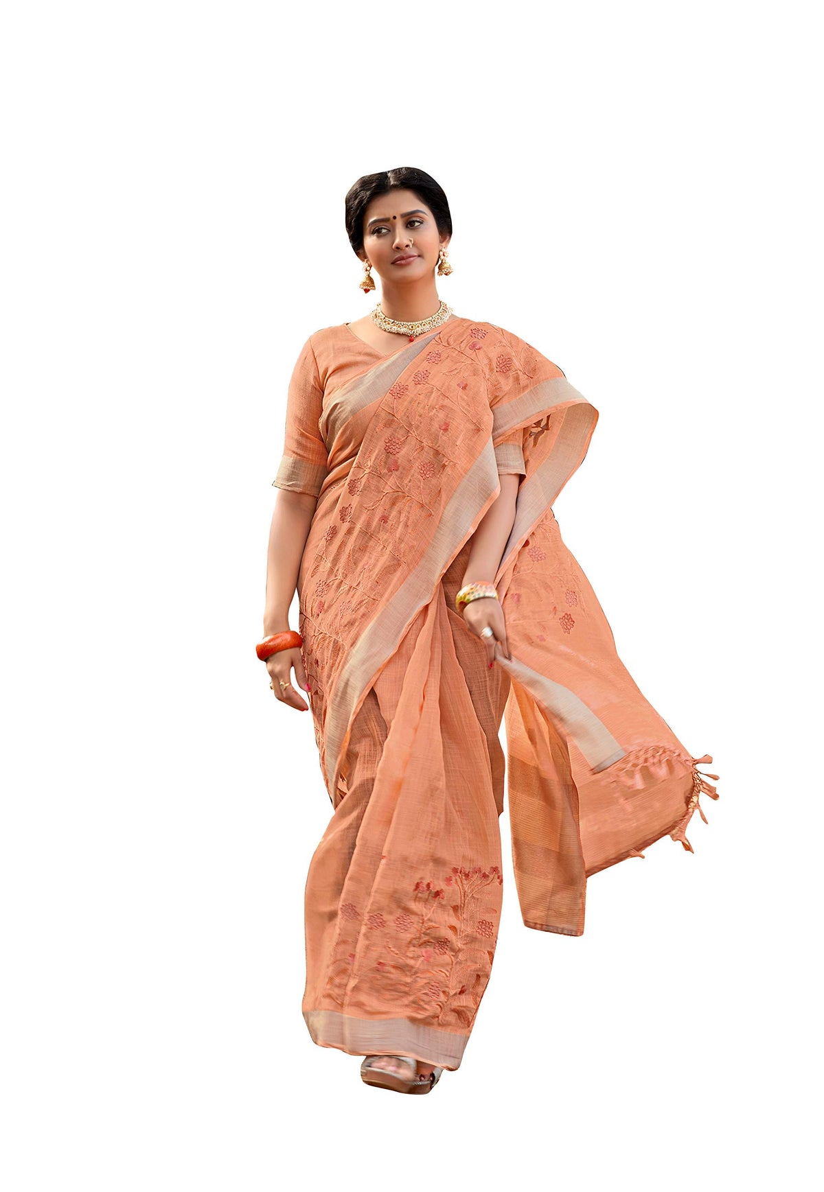 DRAVINAM Trends Women's Embroidered Woven Border Linen Saree with Blouse Piece (Bawa)