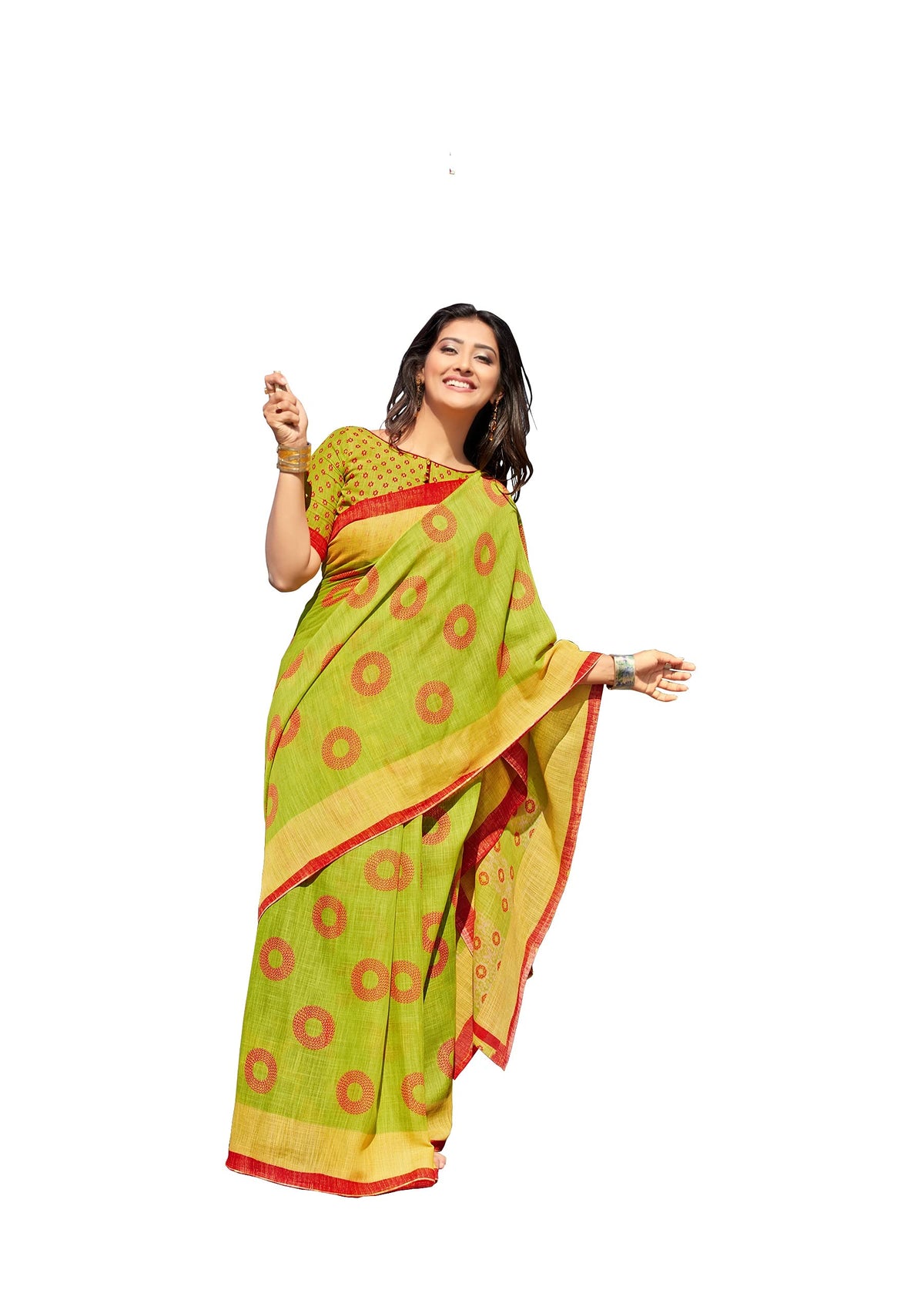 DRAVINAM Trends Women's Pure Linen Cotton Printed Saree with Blouse Piece (Light Green)