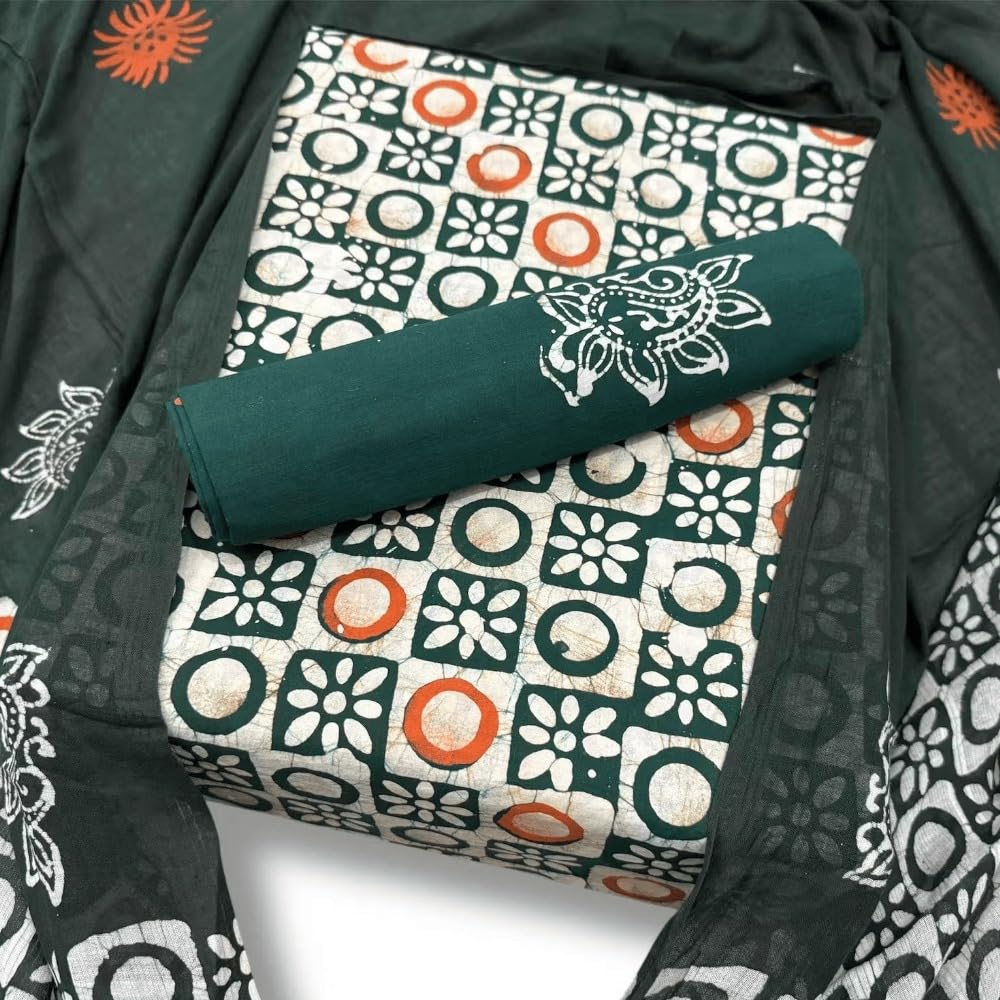 DRAVINAM Trends Unstitched Jaipuri Handmade Multicolour Wax Batik Print Soft Cotton Dress Material with Dupatta