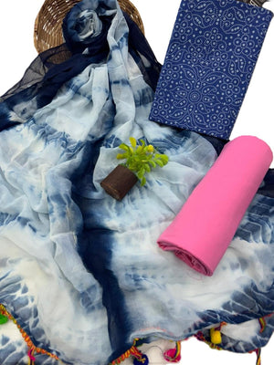 DRAVINAM Trends Hand Block Print Cambric Cotton Unstitched Salwar Suit Set for Women with Pure Chiffon Hand Printed Dupatta
