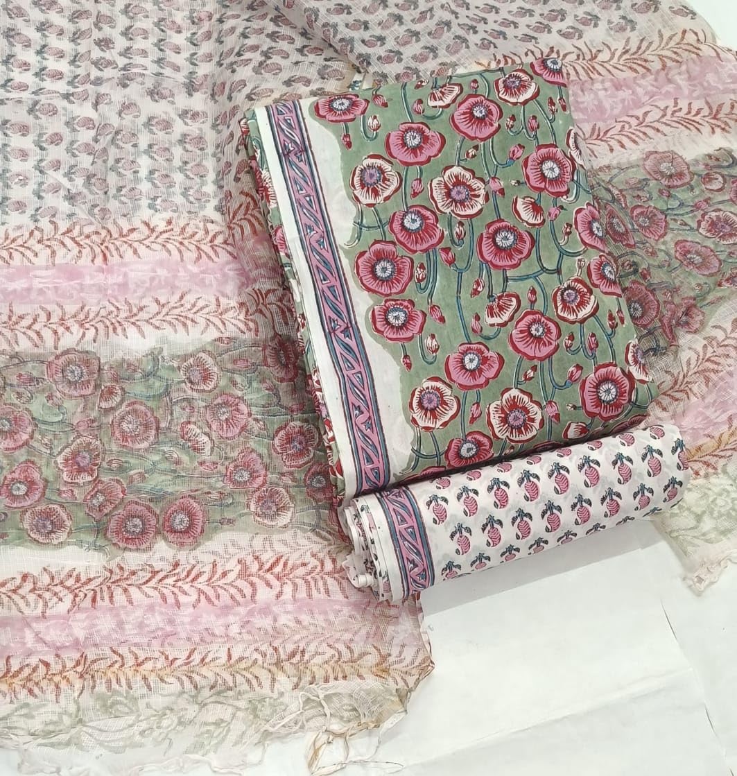 DRAVINAM Trends Sanganeri Hand Block Print Pure Cambric Unstitched Cotton Suit Dress Material with Kota Doriya Hand Printed Dupatta