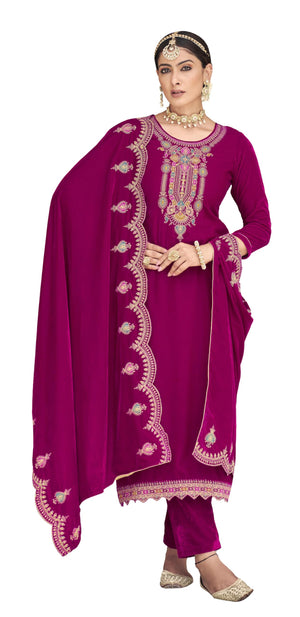 DRAVINAM Trends Women's Heavy Embroidered Pure Velvet Unstitched Salwar Suit Dress Materail with Unstitch Bottoms and Embroidered Shawl Dupatta
