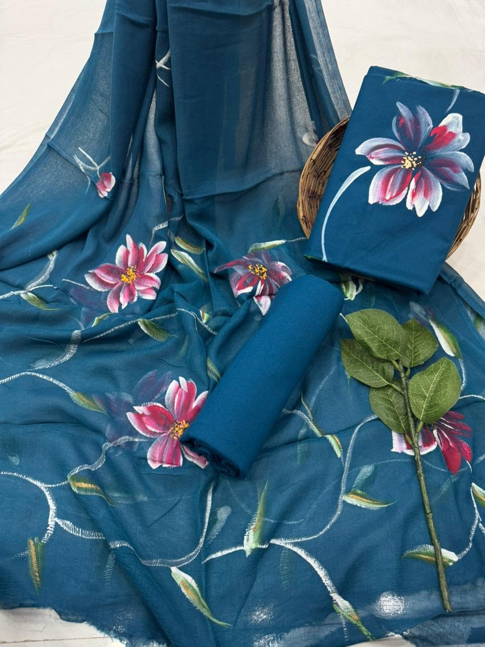 DRAVINAM Trends Women's Floral Hand Painted Unstitched Salwar Suit Dress Material with Pure Chiffon Dupatta (Blue & White)