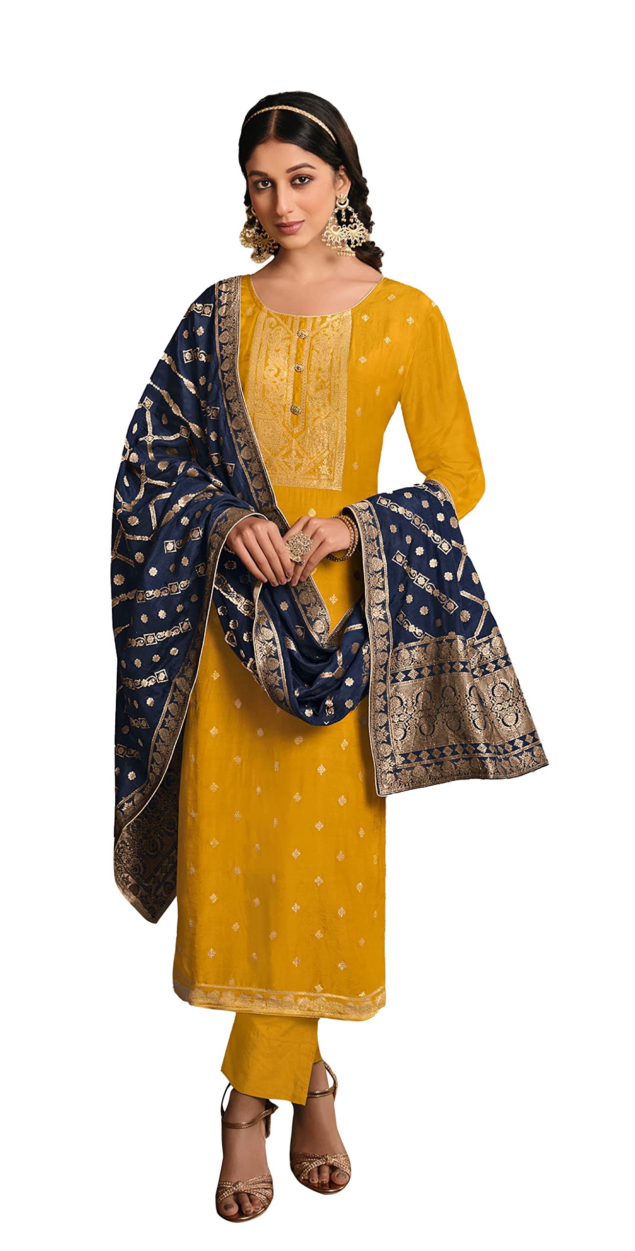 DRAVINAM Trends Women's Coral Silk Weaving Jacquard Unstitched Pakistani Salwar Suit Dress Material with Pure Coral Silk Weaving Jacquard Dupatta (Blue)