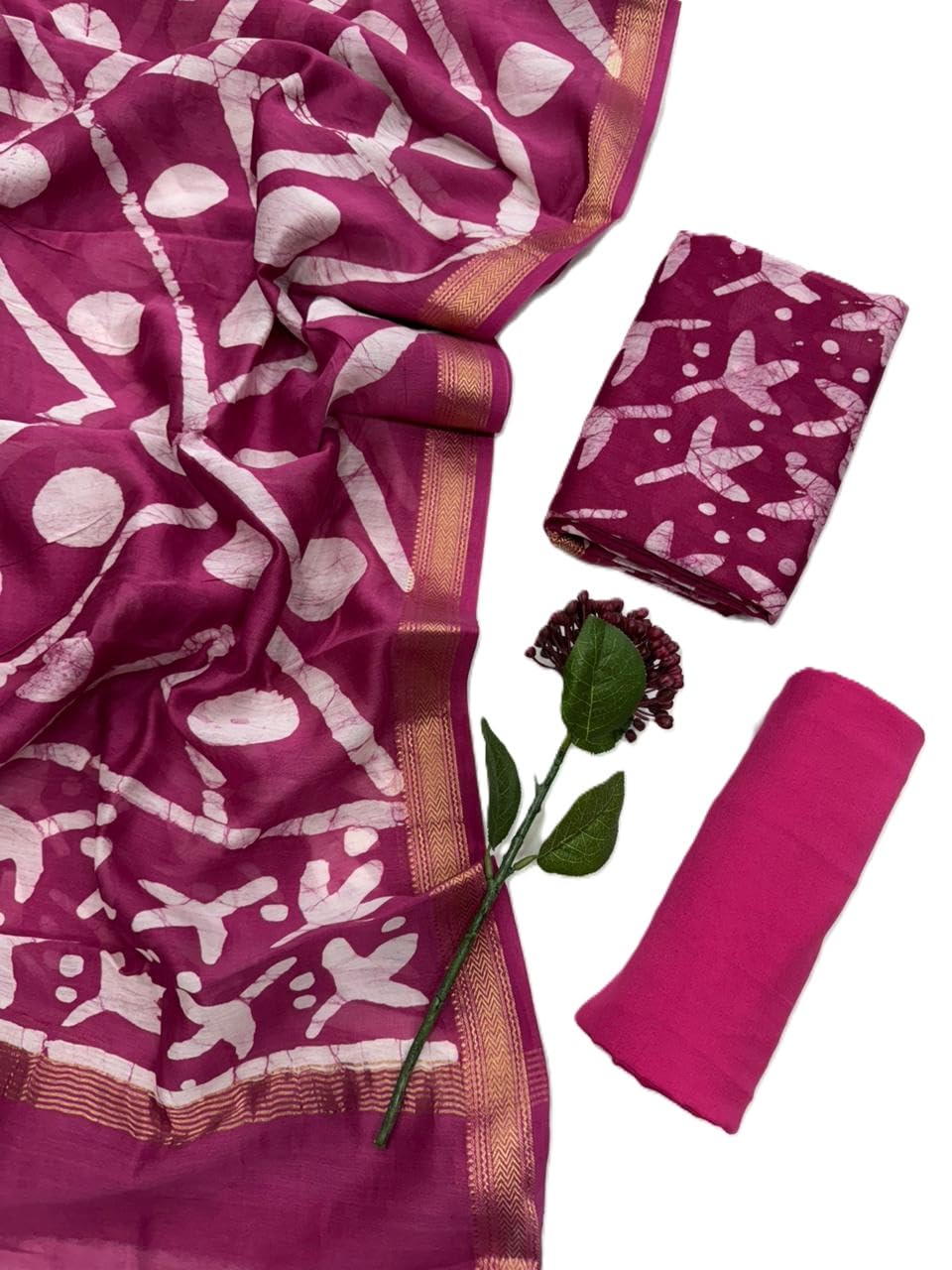 Women's Elegant Magenta Maheshwari Block Abstract Batik Printed Unstitched Salwar Suit Dress Material with Shantoon Bottom & Zari Border Dupatta