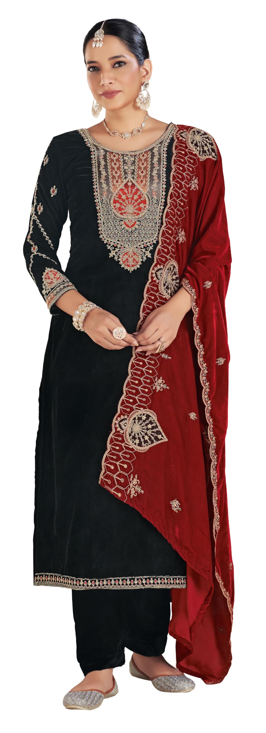 DRAVINAM Trends Women's Unstitch Premium Velvet Fancy Embroidery Winter Wear Salwar Suit Material With Unstitch Bottoms and Piping Dupatta