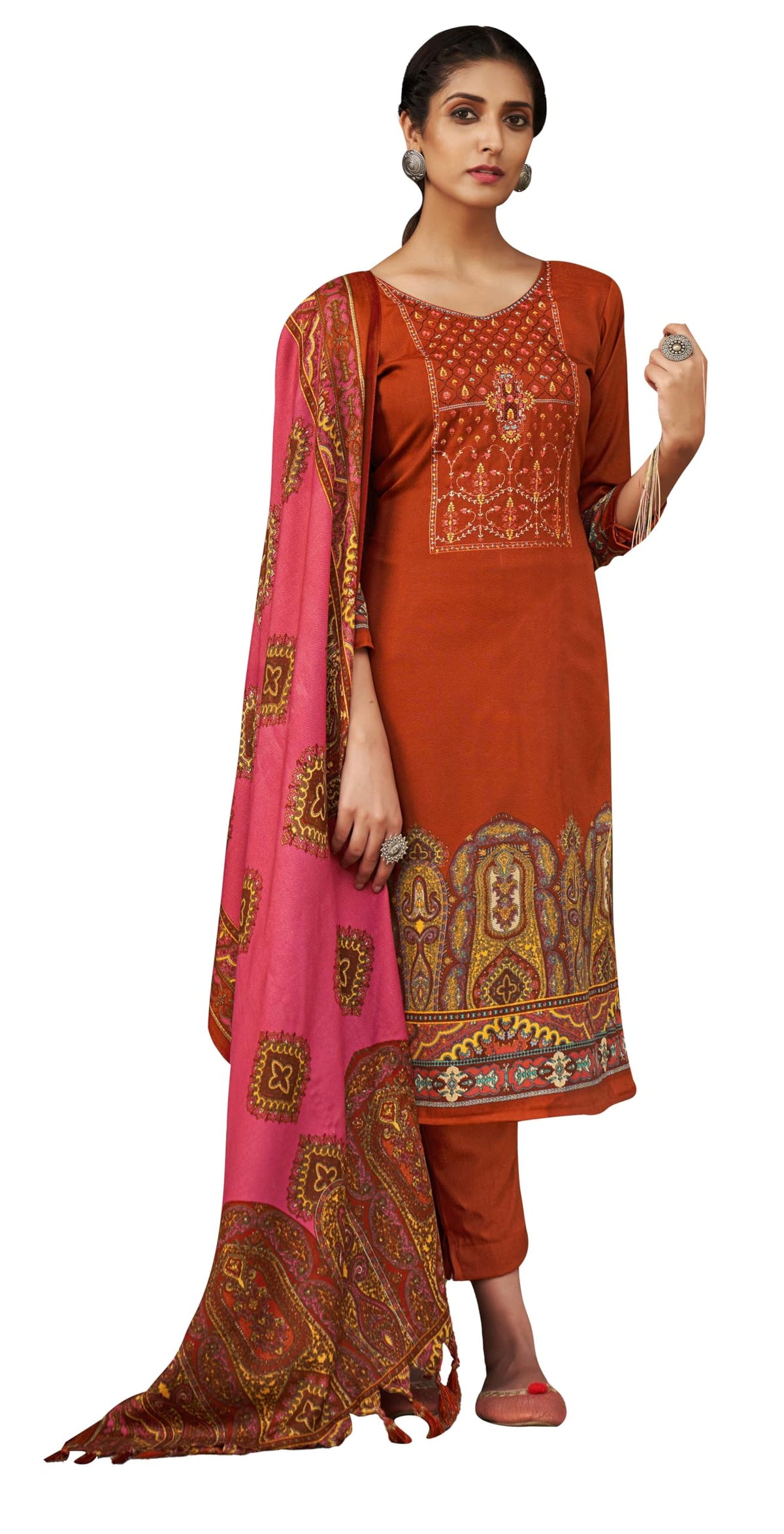 DRAVINAM Trends Women's Premium Pashmina Spun Embroidered Unstitched Salwar Suit Winter Dress Material with Pashmina Spun Shawl