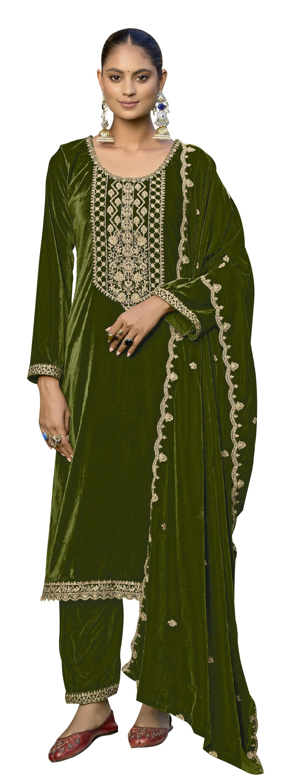 DRAVINAM Trends Women's Unstitched Premium Velvet Embroidered Salwar suit Dress Material with Embroidered Bottoms and Haevy Velvet Dupatta