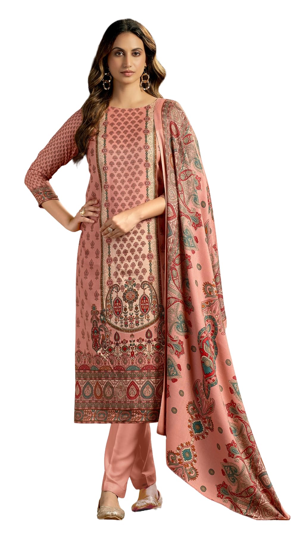 DRAVINAM Trends Women's Unstitched Kashmiri Print Woollen Pashmina Salwar Suit Dress Material with Pashmina Printed Shawl Dupatta (Free Size) (Grey)