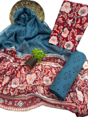 DRAVINAM Trends Hand Block Print Cambric Cotton Unstitched Salwar Suit Set for Women with Pure Chiffon Hand Printed Dupatta
