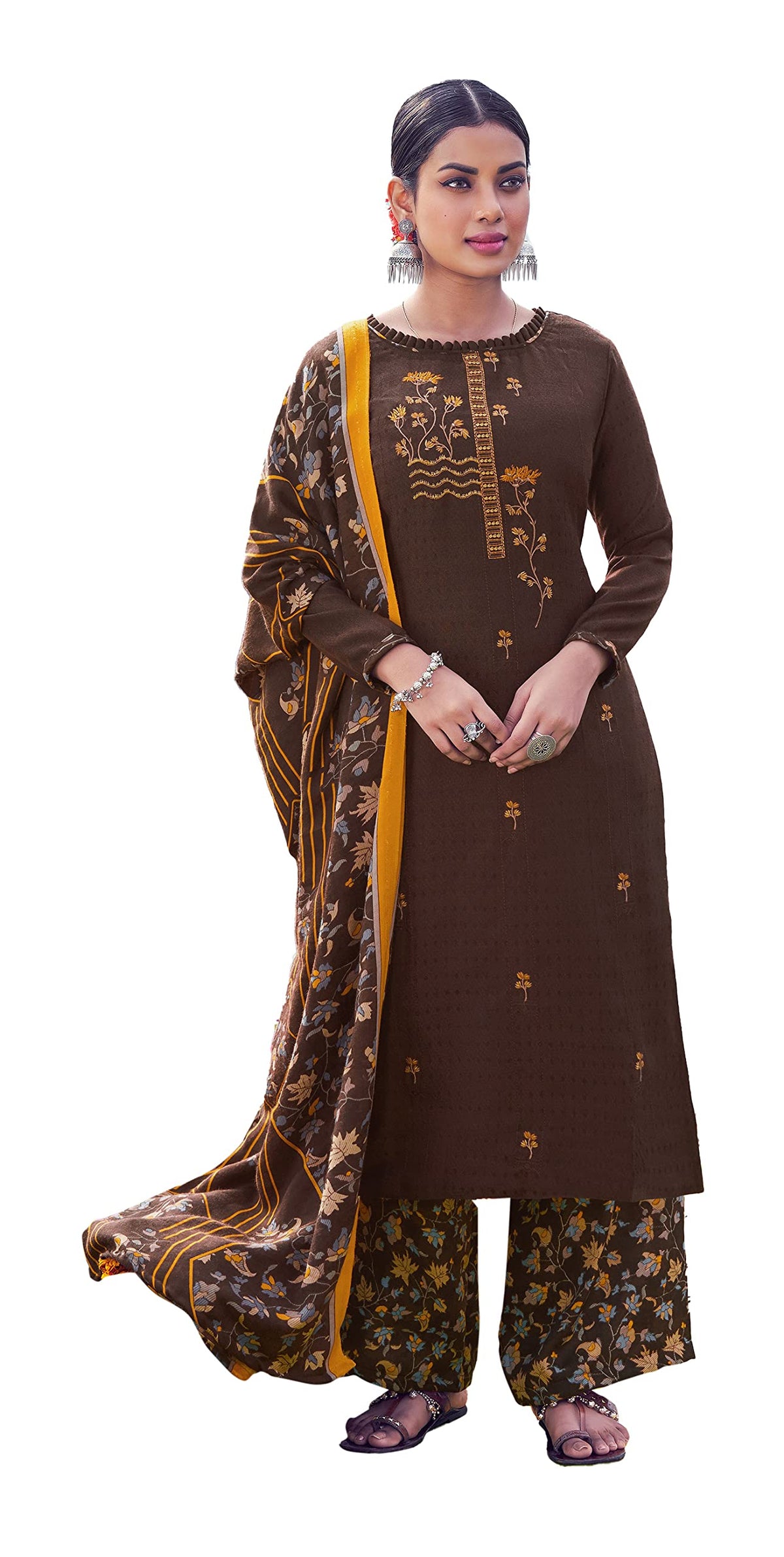 DRAVINAM Trends Women's embroidered winter wear pure pashmina wool palazzo/salwar/sharara dress material with pure pashmina shawl dupatta (Dark Brown)