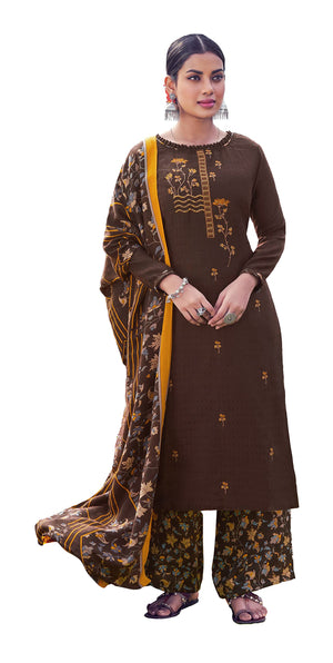 DRAVINAM Trends Women's embroidered winter wear pure pashmina wool palazzo/salwar/sharara dress material with pure pashmina shawl dupatta (Dark Brown)