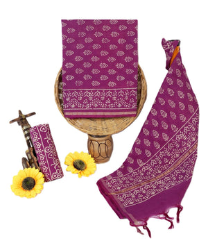 Women's Elegant Beige and Black Chanderi Block Printed Unstitched Salwar Suit Dress Material with Cotton Bottom & Zari Border Dupatta