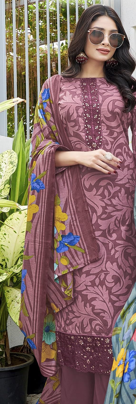 DRAVINAM Trends Kurti 2.50 mtrs,Pure Cotton Solid (2.7 m), Pure Cotton Mal Mal Print Dupatta (2.25 m)|Brown