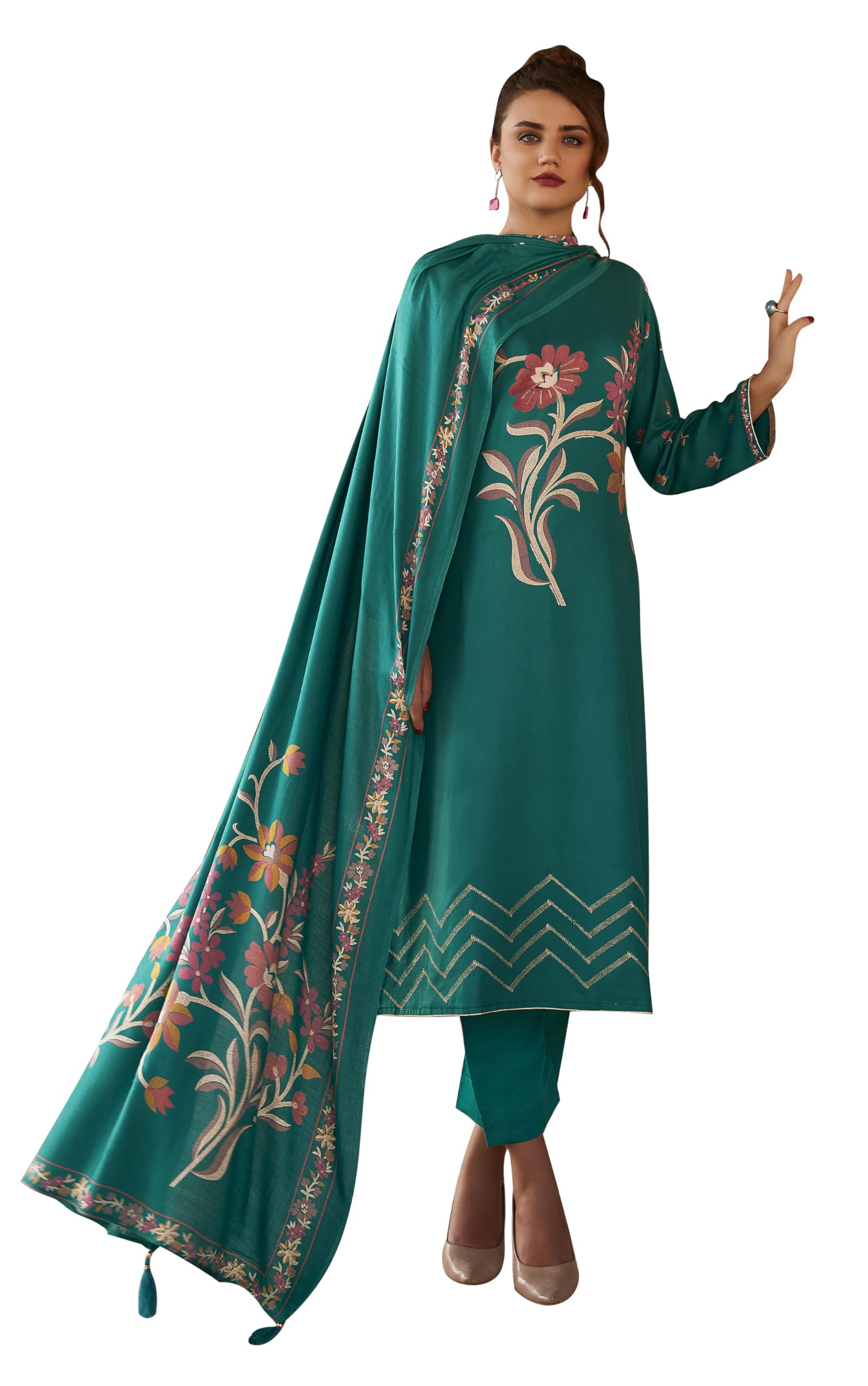 DRAVINAM Trends Complete Unstitch Pashmina Suit Set: Pure Viscose Pashmina Foil Print Top with Fancy Embroidery (2.5 m) II Solid Bottoms (2.8 m) II Digital Print Shawl Dupatta (2.25 m)