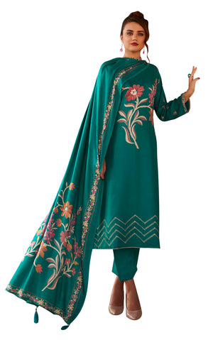 DRAVINAM Trends Complete Unstitch Pashmina Suit Set: Pure Viscose Pashmina Foil Print Top with Fancy Embroidery (2.5 m) II Solid Bottoms (2.8 m) II Digital Print Shawl Dupatta (2.25 m)