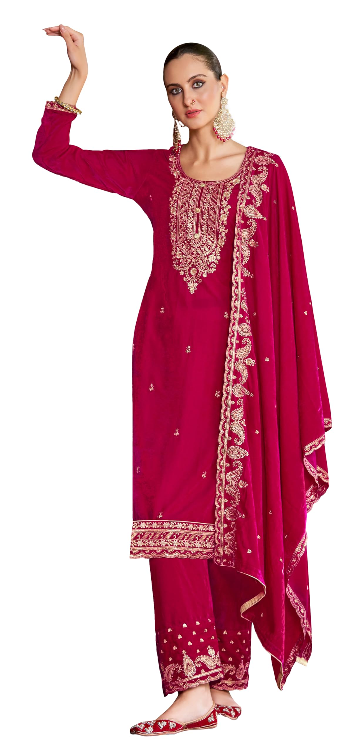 DRAVINAM Trends Women's Unstitched Premium Pure Velvet Embroidered Salwar suit Dress Material with Velvet Embroidered Dupatta and Velvet Embroidered Unstitch Bottoms