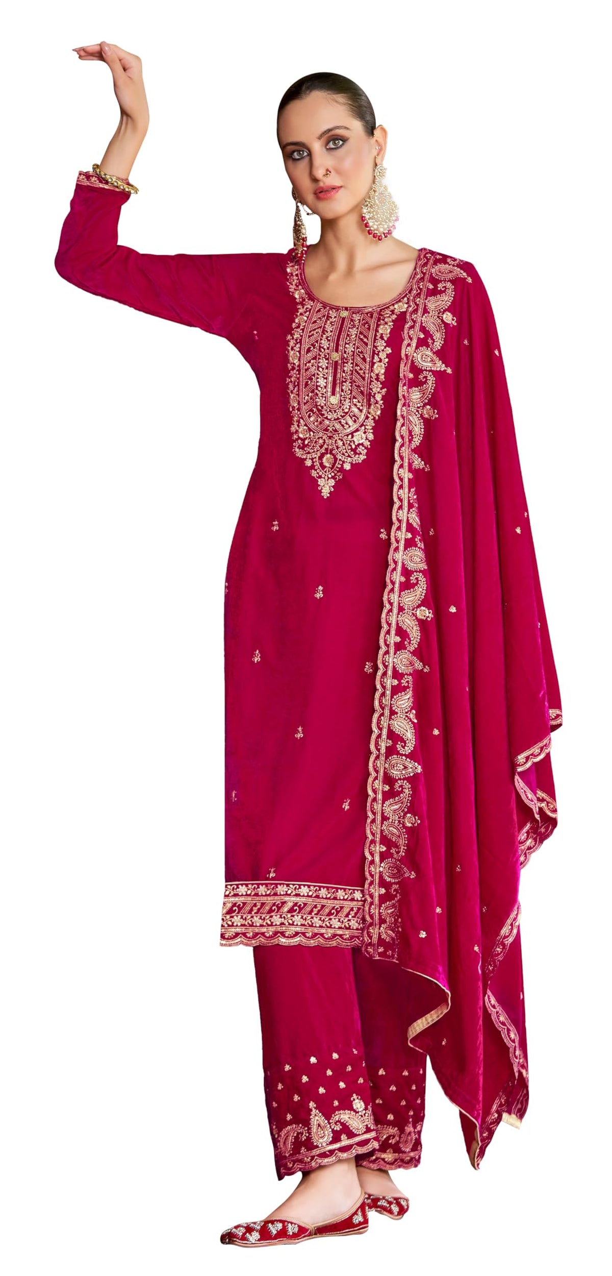 DRAVINAM Trends Women's Unstitched Premium Pure Velvet Embroidered Salwar Suit Dress Material With Dupatta and Unstitch Bottoms