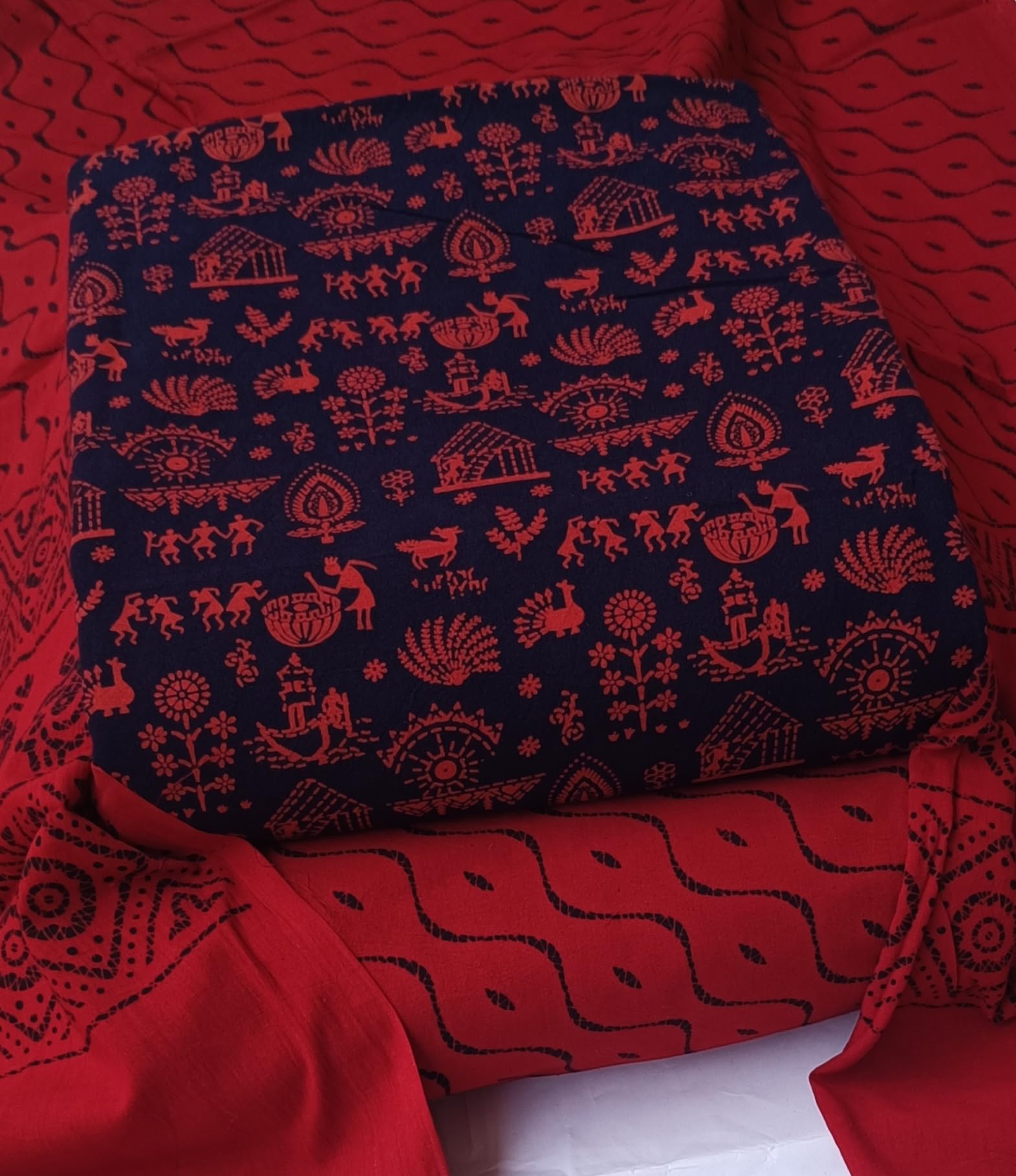 DRAVINAM Trends Women's Premium Cotton Unstitched Salwar Suit Dress Material Set | Traditional Rajasthani Gujari Block Print (Red & Mustard Yellow)