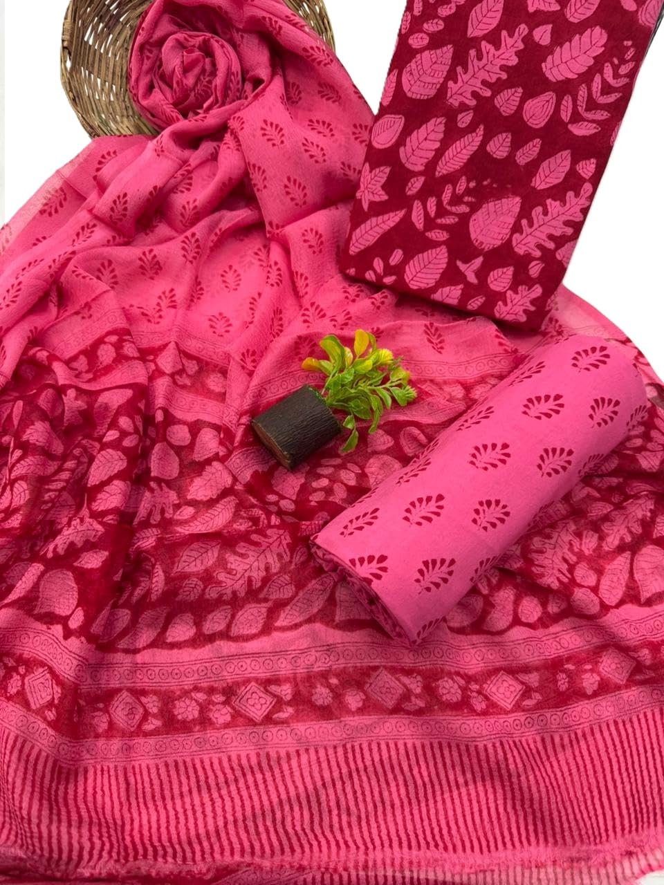DRAVINAM Trends Hand Block Print Cambric Cotton Unstitched Salwar Suit Set for Women with Pure Chiffon Hand Printed Dupatta