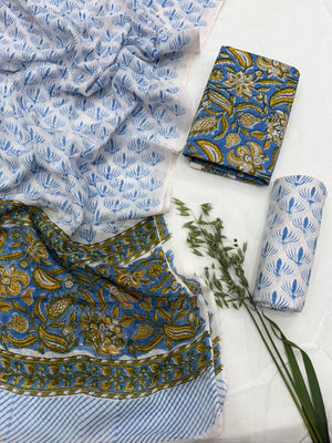 DRAVINAM Trends Hand Block Dabu Print Indigo Cambric Unstitched Cotton Suit Dress Material for Women with Mulmul Cotton Hand Printed Dupatta