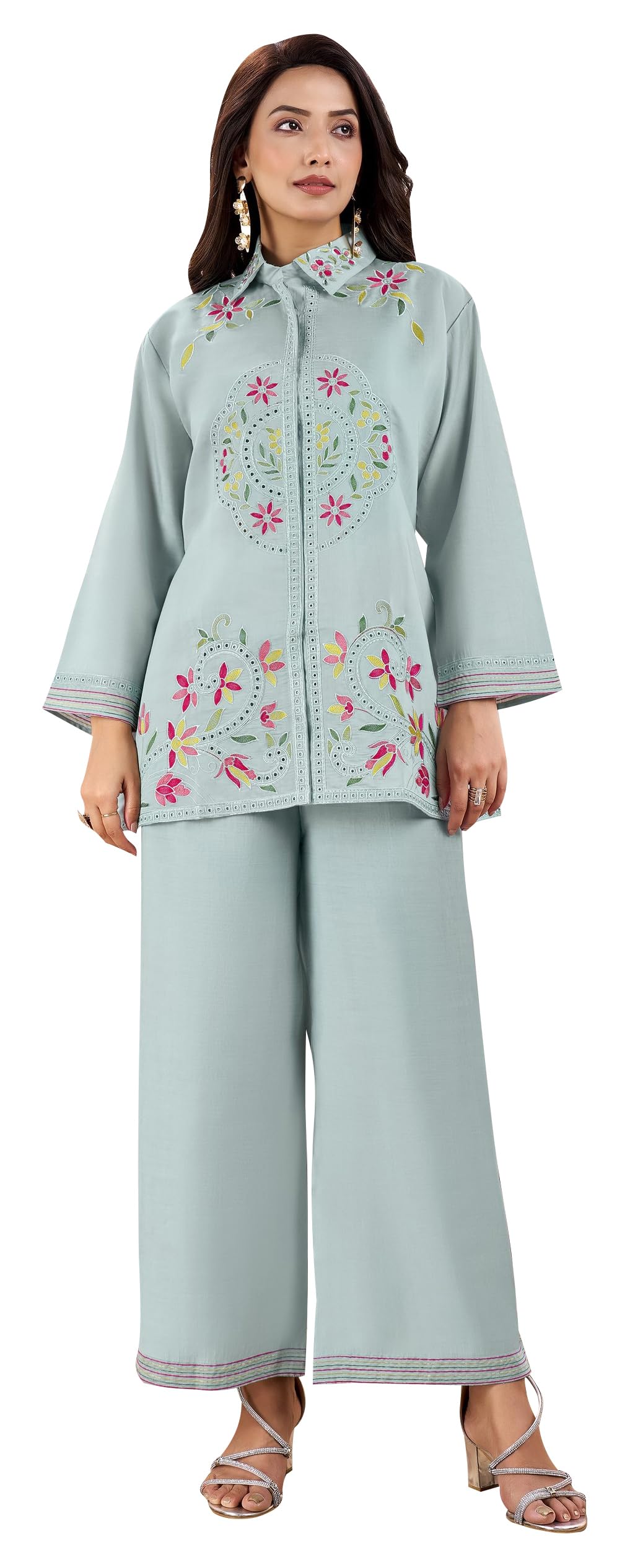 DRAVINAM Trends Women's Stitched Embroidered Pure Roman Silk Co-ord Set II Embroidered Collar Neck Shirt Style Silk Top II Solid Pants (L / 40)