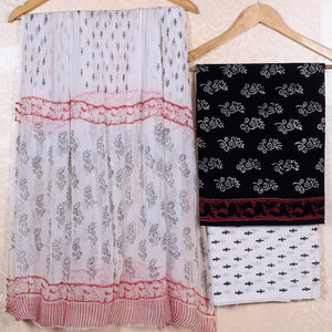 DRAVINAM Trends Hand Block Print Cambric Cotton Unstitched Salwar Suit Set for Women with Pure Chiffon Hand Printed Dupatta